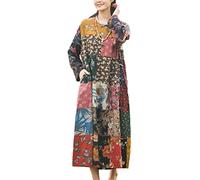 NFYM Robe longue à manches longues en coton et lin - Style rétro hippie - Pour femme, Motif floral vintage (aléatoire), Taille M