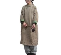NFYM Robe matelassée légère pour femme, vêtement d'extérieur long, vintage, col Cheongsam, manteau, kaki, taille unique