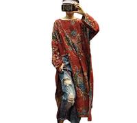 NFYM Robe Vintage à imprimé Floral en Coton à Manches Longues Fendue sur Le côté et Cordon de Serrage pour Femme, Rouge Floral, Taille Unique