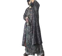 NFYM Trench long en lin pour femme - Imprimé floral vintage - Ouverture sur le devant - Grenouille boutonnée - Veste longue, bleu marine, Taille Unique