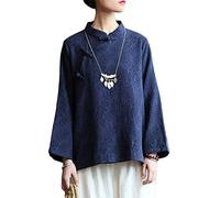 NFYM Tunique en coton et lin jacquard chinois Cheongsam pour femme, bleu, Taille Unique