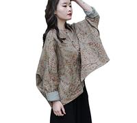 NFYM Veste courte décontractée à manches longues chauve-souris pour femme - Imprimé vintage fait à la main - Nœud - Boutons lâches de printemps, Jaune vieilli, Taille Unique