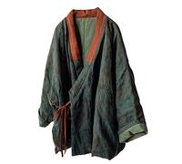 NFYM Veste courte en coton pour femme avec rembourrage, Kimono, Cardigan, devant enveloppé, style chinois Hanfu, imprimé patchwork, décontracté, vert foncé, taille unique
