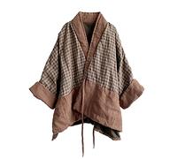 NFYM Veste courte kimono rétro patchwork plaid chaud matelassé à lacets en coton et lin pour femme, marron, taille unique
