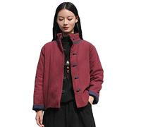 NFYM Veste courte matelassée légère à col montant pour femme - Vêtement d'extérieur en coton et lin rembourré de style chinois (rouge vin, taille unique)