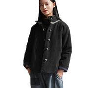 NFYM Veste courte matelassée légère à col montant pour femme, vêtement d'extérieur en coton et lin, style chinois, costume Tang, noir, taille unique