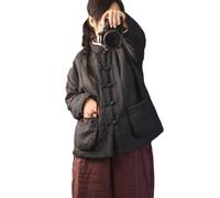 NFYM Veste d'automne matelassée pour femme, veste faite à la main, vêtements d'extérieur chinois avec poches, noir, taille unique