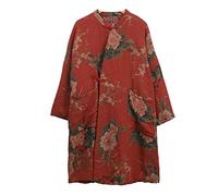 NFYM Veste en coton pour femme Kimono doux matelassé imprimé floral long ample manteaux d'extérieur avec poches (as1, alpha, taille unique, plus, régulier, rouge), Rouge, taille unique plus