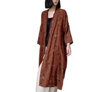 NFYM Veste kimono légère en coton imprimé à nouer pour femme, cardigan ample vintage ouvert sur le devant, trench-coat, café, Taille Unique