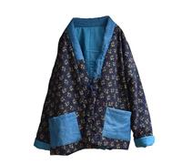NFYM Veste matelassée à grands fleurs chinoises ethniques du Nord-Est pour femmes - Patchwork avec ouverture sur le devant - Veste rembourrée en coton doux, bleu marine, One Size