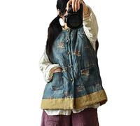 NFYM Veste matelassée légère en coton et lin imprimé printemps et automne Manteau rembourré vintage pour femme, bleu, taille unique