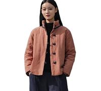 NFYM Veste courte matelassée légère à col montant pour femme, vêtement d'extérieur en coton et lin, style chinois, costume Tang, Orange, taille unique