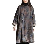 NFYM Veste matelassée pour femme Kimono vintage en lin imprimé long et ample avec poches, Gris marine, Taille Unique