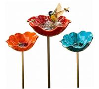 Ngbbby Bains d'oiseaux, Paquet de 3 piquets de Jardin Fleurs en métal, Bain d'oiseaux, mangeoire multifonctionnelle et Bain pour l'extérieur, Bleu, Orange, Rouge, Baths