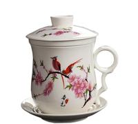 Ngbbby Tasse à thé avec infuseur 4 pièces/ensemble tasses à thé avec infuseur et couvercle tasse en céramique rétro fleur de pêcher florale trempage d'affaires, tasses avec et couvercle