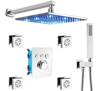 NGDFGR Robinet de Douche thermostatique LED, Ensemble de Douche Mural 12 INES, Ensemble de Douche Effet Pluie avec pommeau de Douche Effet Pluie, douchette à Main, 4 Jets corporels, Rome