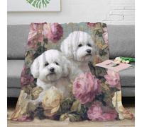NGGADIWEG 3D Imprimé Bichon Frise Dogs Couverture Moelleuse Microfibre Vintage Floral Art Jeté de Canapé Anti-Bouloche Antistatique pour Foyers Familles Invités 50x60inch(127x152cm)