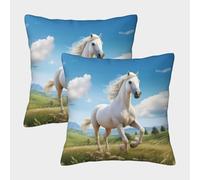 NGGADIWEG 3D, Imprimé Cheval Blanc en Galop Taie Oreiller Décoratif Été Voitureré Housses De Coussin Lot De 2 Coussin Canape pour Chambre, Canapé, Chaise, Lit,Jardin 50x50cm