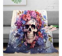 NGGADIWEG 3D Imprimé Floral Skull Art Couverture Moelleuse Microfibre Vif Aquarelle Jeté de Canapé Cadeau pour Voyageurs Campeurs Aventuriers 80×90inch(200x230cm)