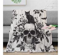 NGGADIWEG 3D Imprimé Gothic Skull Jeté de Lit Microfibre Literie Noir Chat Floral Design Couverture de Voyage Cadeau Anniversaire pour Jeunes 40x50inch(100x130cm)