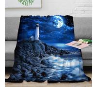 NGGADIWEG 3D Imprimé Lighthouse at Night Couverture Microfibre Ultra Douce Coastal Moonlit scène Plaid Chaud Toutes Saisons Lavable en Machine pour Propriétaires Familles Adultes 60x80inch(150x200cm)
