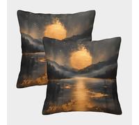 NGGADIWEG 3D, Imprimé Nuit sous la Lune et Arbre doré Taies d'oreiller Décoratif Canapé Carré Moderne Housses Coussins 2 Pièces D'été d'automne Housse Coussin pour Salon Canape Deco 50x50cm