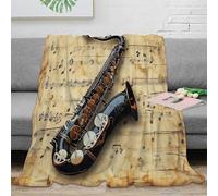 NGGADIWEG 3D Imprimé Saxophone Vintage Jeté de Canapé Microfibre Literie Music Sheet Art Couverture Cadeau Anniversaire pour Collègues 70×80inch(180x200cm)