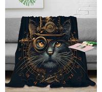 NGGADIWEG 3D Imprimé Steampunk Chat Couverture Microfibre Lavable en Machine Vintage Mechanical Art Plaid Chaud Antistatique pour Étudiants Jeunes Adultes 80×90inch(200x230cm)