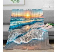 NGGADIWEG 3D Imprimé Sunset Beach scène Jeté de Lit Microfibre Literie Ocean Wave Motion Plaid de Salon Légère Antistatique pour Voyageurs Familles Invités 40x50inch(100x130cm)