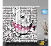 Ngkaglriap Imprimé Numérique Rideau de Douche,Horloge Animale Conte de fées Lapin Mignon dans Une Tasse à café Écriture Ancienne,Tissu en Polyester,180x180cm