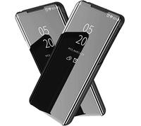 NH Coque pour Xiaomi Mi Note 10 Pro Flip Clear View Translucide Miroir Cover Standing 360°Housse Étui Antichoc Smart Cover Bumper + Film Verre Trempé 2 Pièce pour Xiaomi Mi Note 10 Pro -Noir