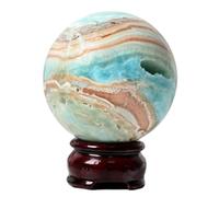 NHDVDVAV Boule de Cristal d'hémimorphite Bleue Naturelle avec Socle en Bois pour la méditation, la Divination, Les séances Photo, la décoration pour la Maison ou Le Bureau,65~70mm