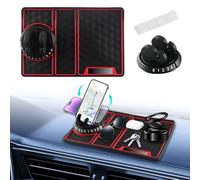 NHHEO Tapis antidérapant multifonction 4 en 1 pour tableau de bord de voiture avec rotation à 360°, support universel pour téléphone portable + plaque d'immatriculation, lavable (noir et rouge)