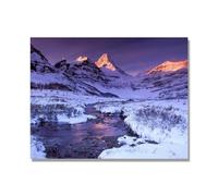 NHLDZYH Tableau Nature Hivernale, (Sommets dorés surplombant un ruisseau enneigé) - Déco Murale Scandinave et Moderne pour Apporter la Sérénité dans votre Salon. 30x40cm Toile uniquement.