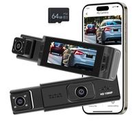 NHOPEEW 3 Channel Dash Cam- 360°Front and Rear Dashcam with 3.16 inch Display - WiFi/Loop Recording/Exposure Compensation/Motion Detection + 64GB Memory Card
