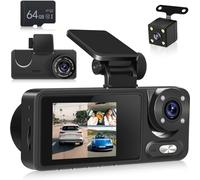 NHOPEEW Dash Cam a 3 canali anteriore e posteriore - Dashcam doppia 1080P con 4 LED IR - Schermo IPS da 2 pollici con G-Sensor Registrazione in loop Visione notturna grandangolare + Scheda SD da 64 GB