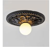 NHPJFDC Plafonnier Semi-encastré Vintage Noir, orné d'un médaillon sculpté, Abat-Jour Globe Blanc, Style Rustique, Douille E26, idéal pour Couloir, entrée, Chambre ou Hall d'entrée (Noir)