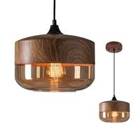 NHPJFDC Suspension Moderne, Suspension Industrielle rétro en Verre, Finition métal et Bois, luminaire Suspendu pour îlot de Cuisine, Abat-Jour en Verre ambré, Marron, 25,4 cm/10 po