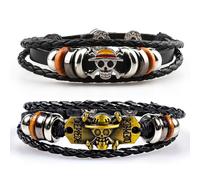 NHPY 2 Pièces Bracelet One Piece, One Piece Bracelet Enfant, Bracelet Style Rétro Unisexe Avec Accessoires En Forme De Crâne Jolly Roger Et En Cuir Tressé Joli Cadeau(2Forme)