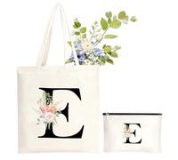 NHTJTHE Sac de courses en toile avec sac cosmétique, ensemble personnalisé avec initiales pour femme, cadeau pour petite amie, maman, grand-mère, pour anniversaire, Noël et anniversaire de mariage E