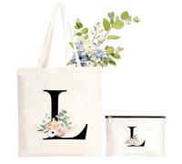 NHTJTHE Sac en coton personnalisé avec initiales, sac de transport et trousse de maquillage, cadeau pour femme, petite amie, maman, pour anniversaire, L