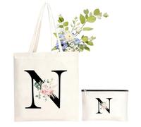 NHTJTHE Sac fourre-tout et trousse de maquillage avec initiale, sac à provisions en toile avec fermeture éclair, personnalisé, sac en coton, cadeau pour petite amie, femme, maman, sœur, anniversaire