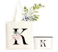 NHTJTHE Sac fourre-tout et trousse de toilette avec initiale, sac en toile personnalisé avec initiale | Cadeau pour femme, petite amie, maman, grand-mère | Anniversaire, fête des mères, Noël-K