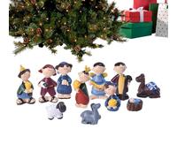 Nhujevkom Ensemble de crèche de Noël d'intérieur en résine pour Noël - Mini figurines décoratives jouets de famille chrétienne, village, cour, arbre, extérieur, amis, utilisation en intérieur