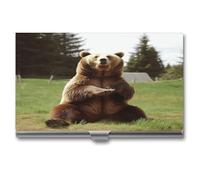 NHYDSPQ Étui pour cartes de visite en métal imprimé Hi Bear assis sur la pelouse pour homme et femme, argenté, Taille unique, Moderne