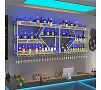 NHYHEHMR Casque à vin monté avec Porte-Verre, étagère d'alcool avec lumières LED, étagère de Bar, étagères flottantes pour Mur, Porte-étaux, Porte-Racks de Rangement en métal pour Les Caves à vin de