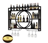NHYHEHMR Mur à vin monté avec lumière LED & Porte-Verre à vin, étagère d'alcool à Barre de Fer, étagères à vin à Mur flottantes, étagère d'affichage de Bouteille d'alcool, grilles de Rangement en