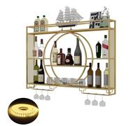 NHYHEHMR Muroir à vin monté avec lumière LED & Porte-Verre à vin, étagère d'alcool à Barre de Fer, étagères à vin à Mur flottantes, étagère d'affichage de Bouteille d'alcool, grilles de Rangement