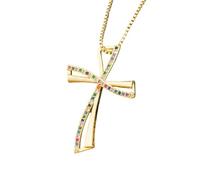 NHYHEHMR Plated Stylized Cross Pendant Necklace for Women, Curved Design with Colorful Pave Accent, Cubic Zirconia, No Gemstone