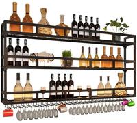 NHYHEHMR Pontage à vin Mural de Style rétro avec Plusieurs Couches pour comptoir de barreau en Fer avec Un Porte-Bouteille en Verre à vin à l'envers Presque en Verre et étagère. T pour l'affichage de